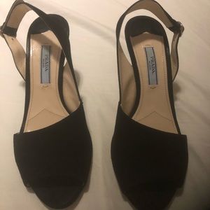 PRADA, Black heel suede half D’Orsay pump.